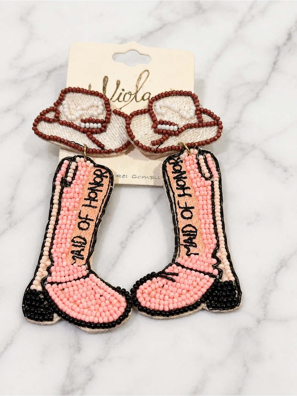 Viola Maid of Honor Beaded Cowboy Boot Earrings Pink Western Bridal NWT